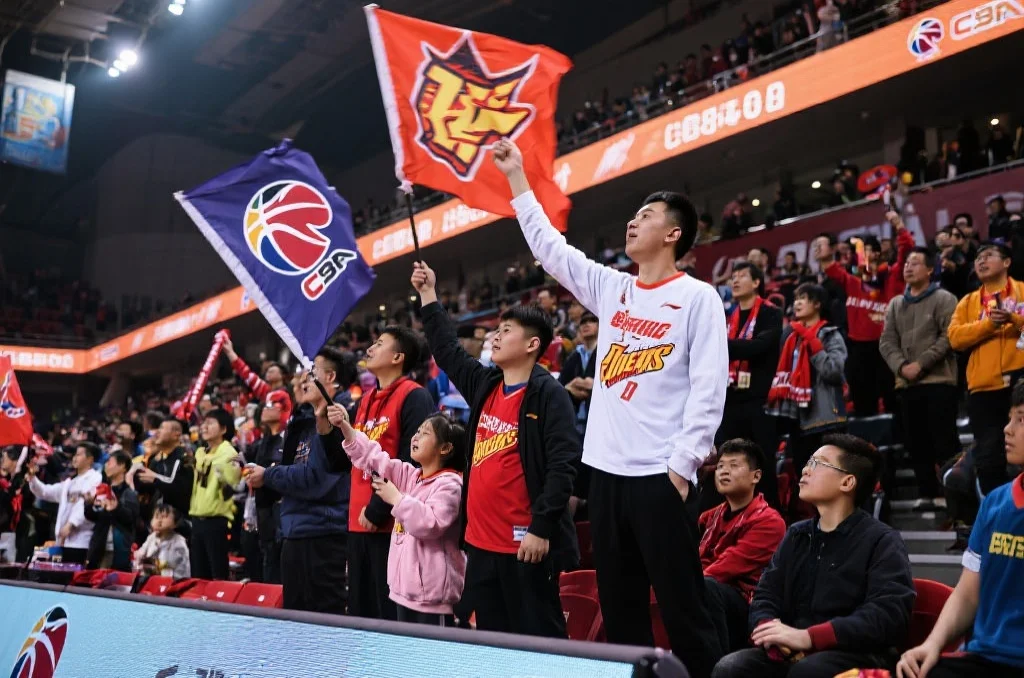 中国CBA篮球赛场，球迷身穿主队服装挥舞旗帜，现场气氛热烈，家庭观众居多